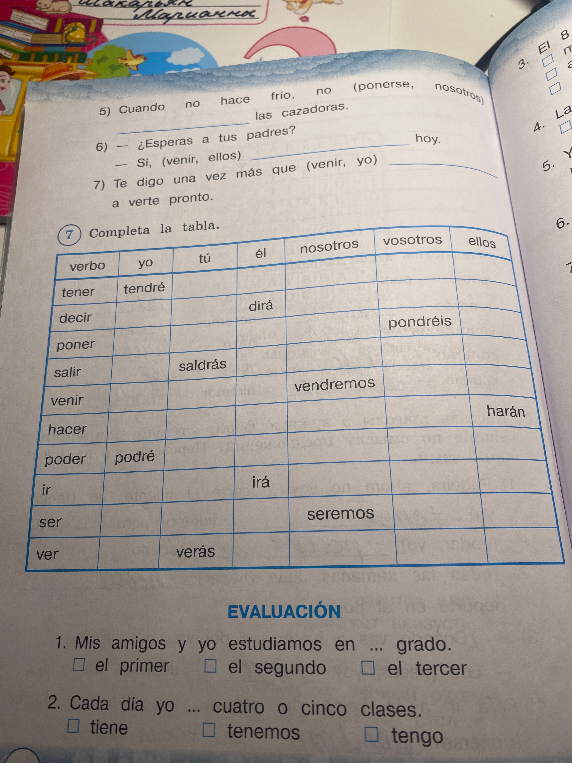 Completa la tabla. 5) Cuando no hace frío, no (ponirse, nosotros) las cazadoras.