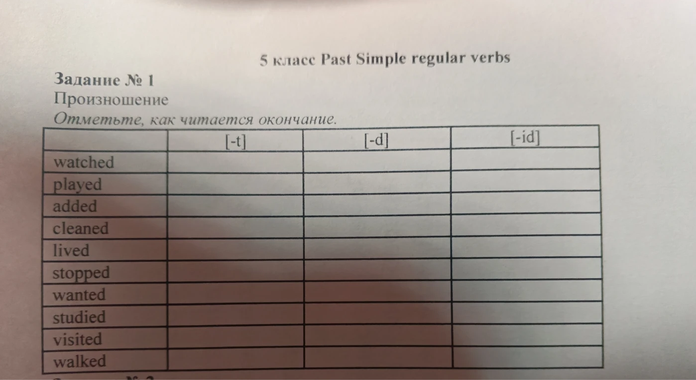 5 класс Past Simple regular verbs Задание № 1 Произношение Отметьте, как читается окончание.