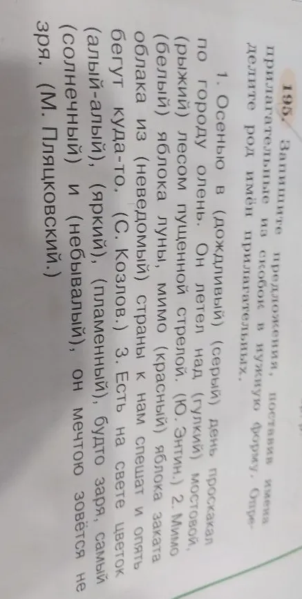 195. Запишите предложения, поставив имена прилагательные из скобок в нужную форму. Определите род имён прилагательных.