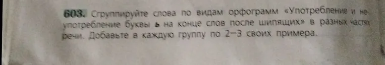 603. Сгруппируйте слова по видам орфограмм «Употребление и не употребление буквы ь на конце слов после шипящих» в разных частях речи. Добавьте в каждую группу по 2-3 своих примера.