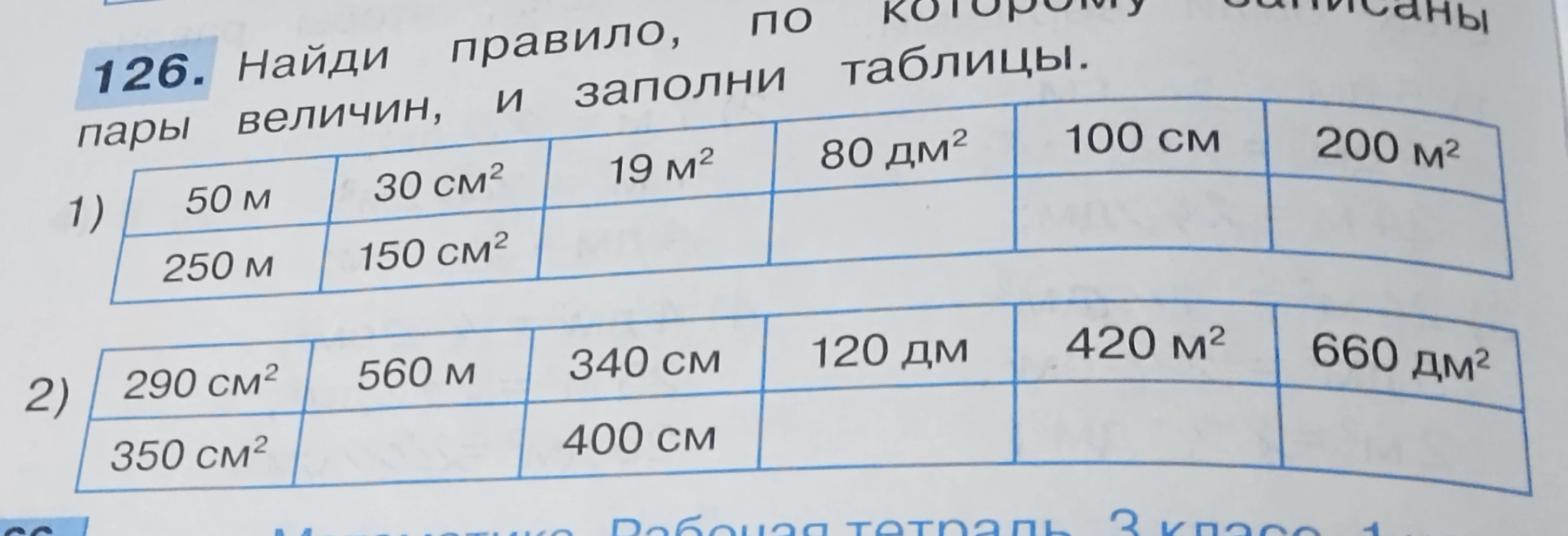 126. Найди правило, по которому записаны пары величин, и заполни таблицы.