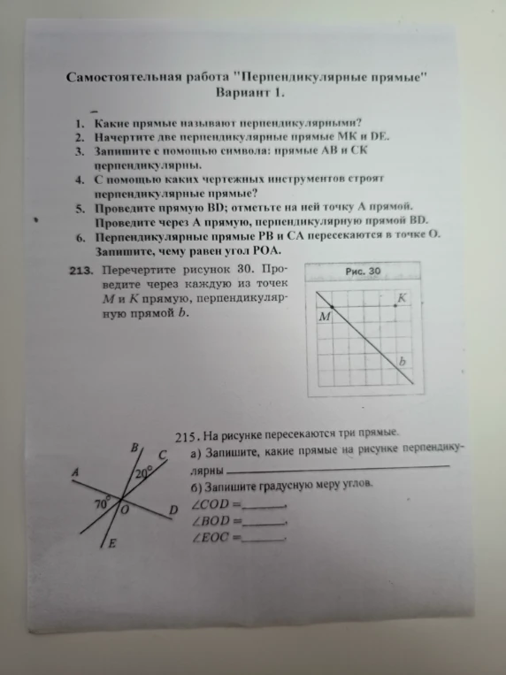 Самостоятельная работа "Перпендикулярные прямые" Вариант 1.