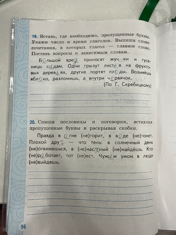 19. Вставь, где необходимо, пропущенные буквы. Укажи число и время глаголов. Выпиши словосочетания, в которых глагол — главное слово.