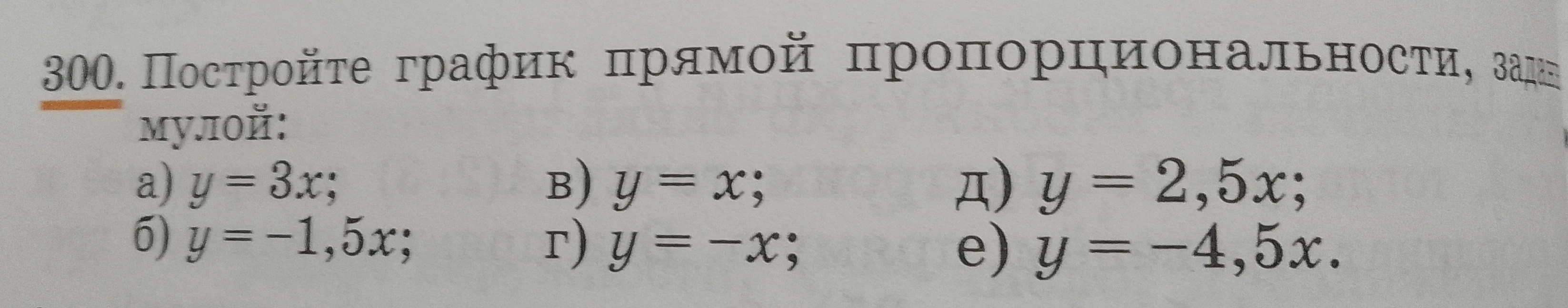 300. Постройте график прямой пропорциональности, заданной формулой: а) y = 3x; б) y = -1,5x; в) y = x; г) y = -x; д) y = 2,5x; е) y = -4,5x.