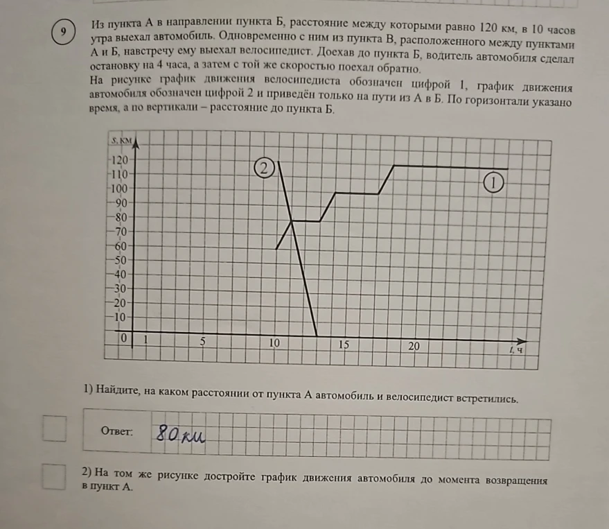 1) Найдите, на каком расстоянии от пункта А автомобиль и велосипедист встретились.
