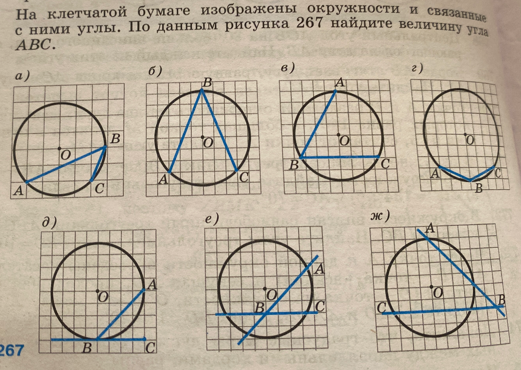 На клетчатой бумаге изображены окружности и связанные с ними углы. По данным рисунка 267 найдите величину угла ABC.