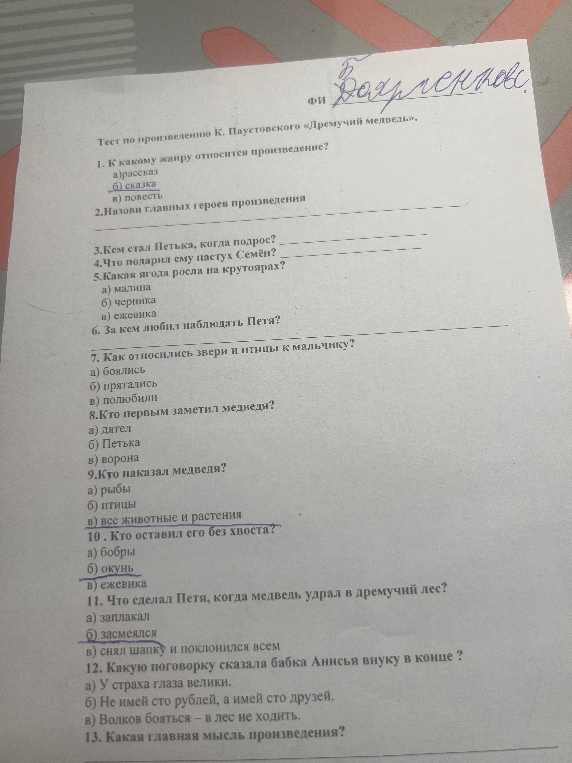 Тест по произведению К. Паустовского «Дремучий медведь».