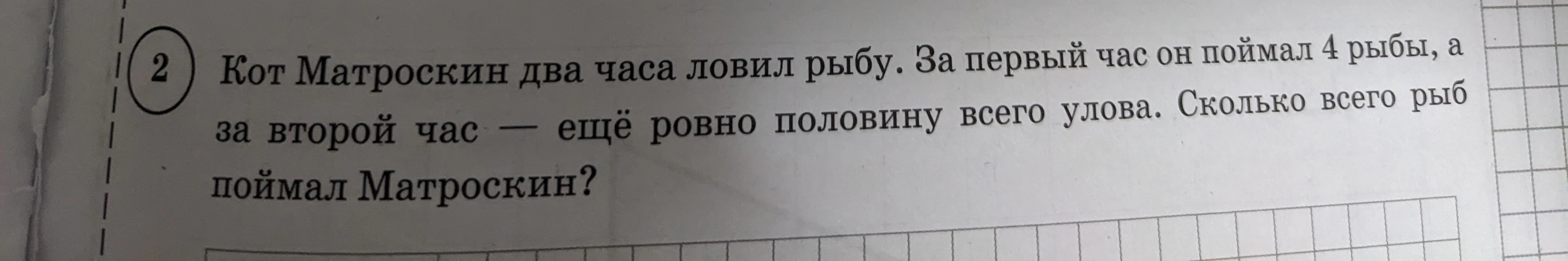 Кот Матроскин два часа ловил рыбу. За первый час он поймал 4 рыбы, а за второй час — ещё ровно половину всего улова. Сколько всего рыб поймал Матроскин?