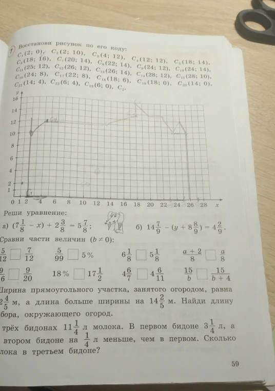 Восстанови рисунок по его коду: C1(2; 0), C2(2; 10), C3(4; 12), C4(12; 12), C5(18; 14), C6(18; 16), C7(20; 14), C8(22; 14), C9(24; 12), C10(24; 14), C11(25; 12), C12(26; 12), C13(26; 14), C14(28; 12), C15(28; 10), C16(24; 8), C17(22; 8), C18(18; 6), C19(18; 0), C20(14; 0), C21(14; 4), C22(6; 4), C23(6; 0), C1.