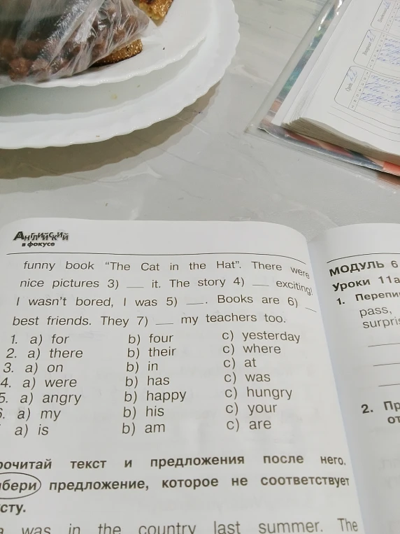 funny book “The Cat in the Hat”. There were nice pictures 3) ___ it. The story 4) ___ exciting! I wasn't bored, I was 5) ___. Books are 6) ___ best friends. They 7) ___ my teachers too.