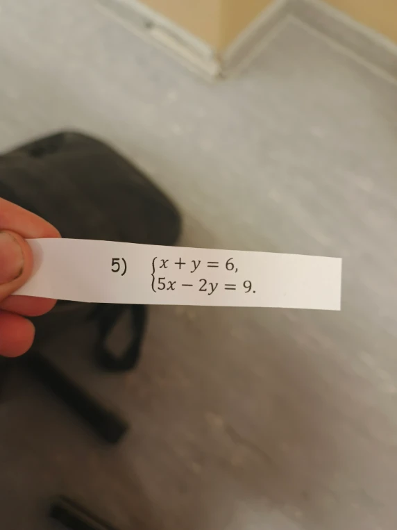 5) { x + y = 6, 5x - 2y = 9.