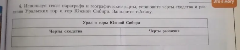 4. Используя текст параграфа и географические карты, установите черты сходства и различия Уральских гор и гор Южной Сибири. Заполните таблицу.