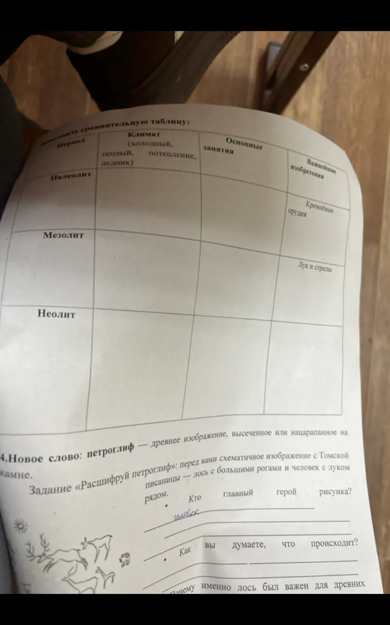Заполните сравнительную таблицу: Период, Климат, Основные занятия, Важнейшие изобретения.
