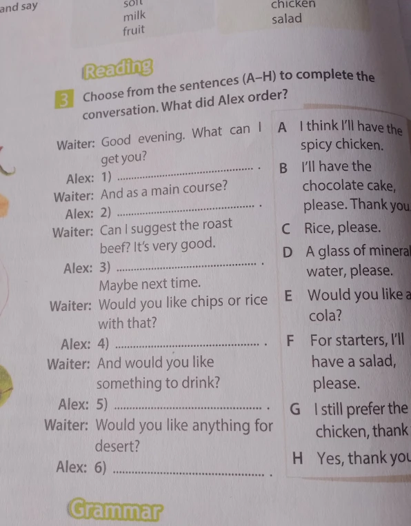 Choose from the sentences (A–H) to complete the conversation. What did Alex order?