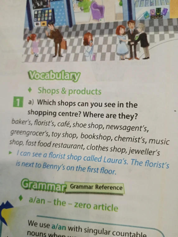Which shops can you see in the shopping centre? Where are they?