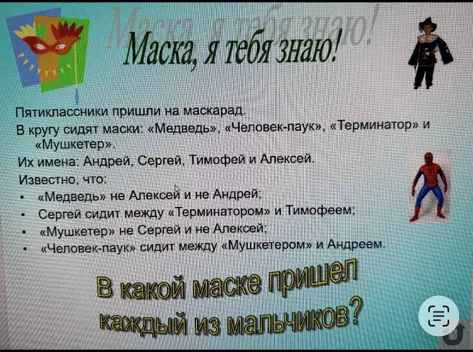 Пятиклассники пришли на маскарад. В кругу сидят маски: «Медведь», «Человек-паук», «Терминатор» и «Мушкетер». Их имена: Андрей, Сергей, Тимофей и Алексей. Известно, что: «Медведь» не Алексей и не Андрей; Сергей сидит между «Терминатором» и Тимофеем; «Мушкетер» не Сергей и не Алексей; «Человек-паук» сидит между «Мушкетером» и Андреем. В какой маске пришел каждый из мальчиков?
