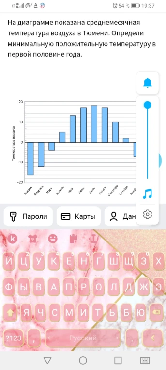 На диаграмме показана среднемесячная температура воздуха в Тюмени. Определи минимальную положительную температуру в первой половине года.