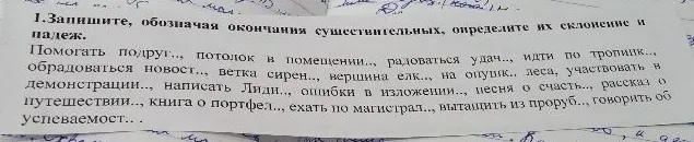 Запишите, обозначая окончания существительных, определите их склонение и падеж.
