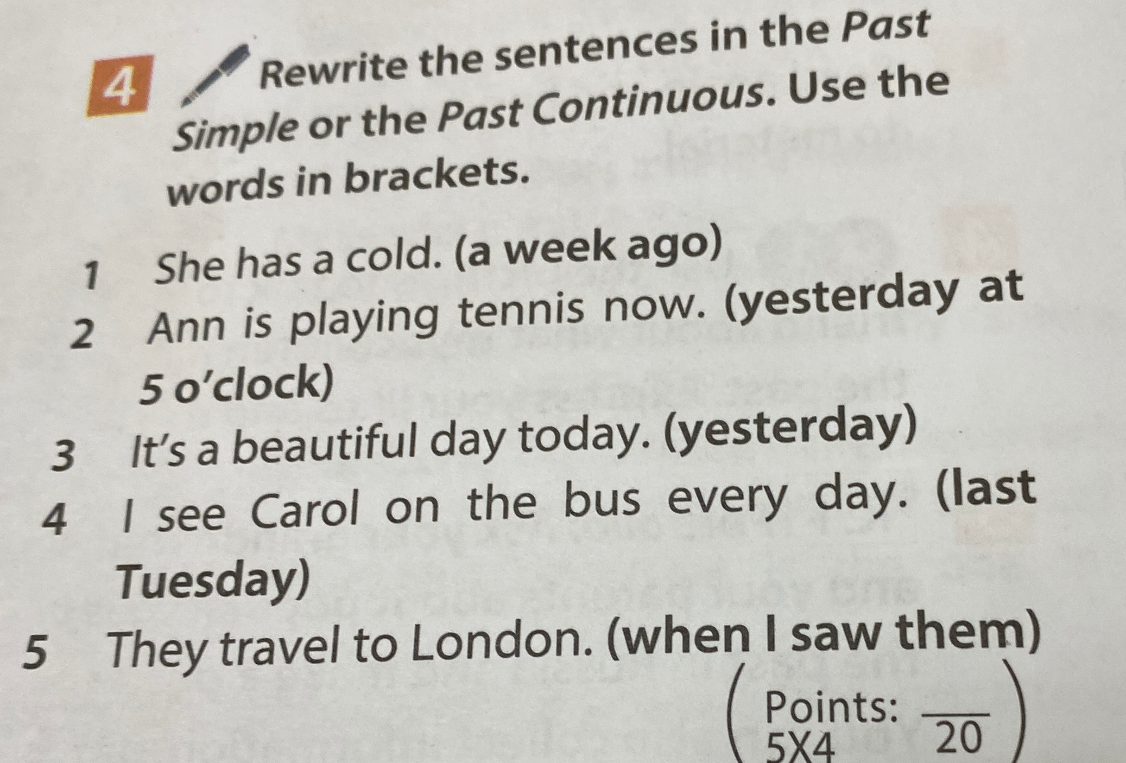 Rewrite the sentences in the Past Simple or the Past Continuous. Use the words in brackets.
