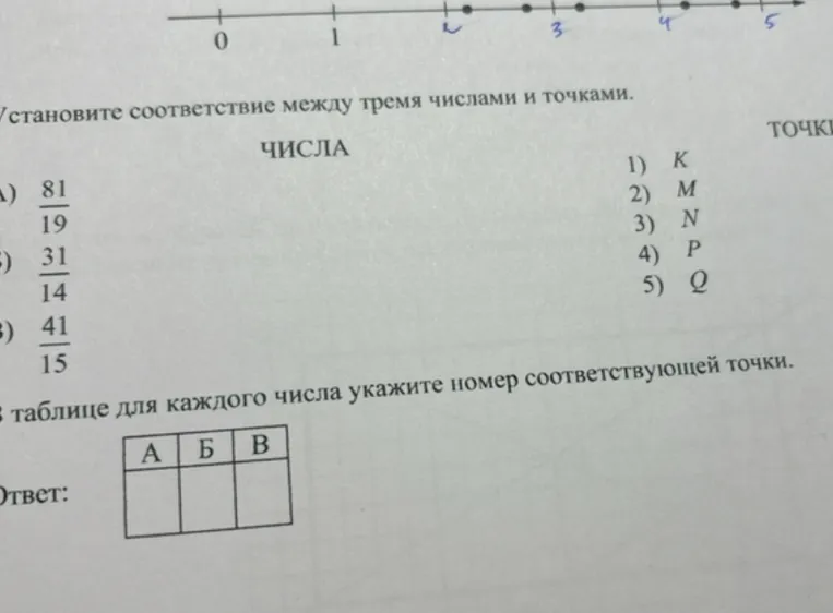 Установите соответствие между тремя числами и точками.