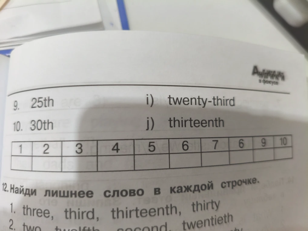 12. Найди лишнее слово в каждой строчке. 1. three, third, thirteenth, thirty 2. two, twelfth, second, twentieth