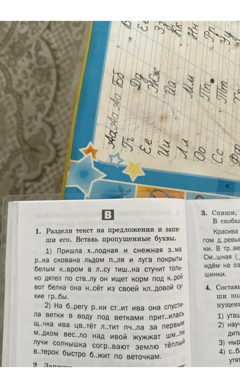 Раздели текст на предложения и запиши его. Вставь пропущенные буквы.