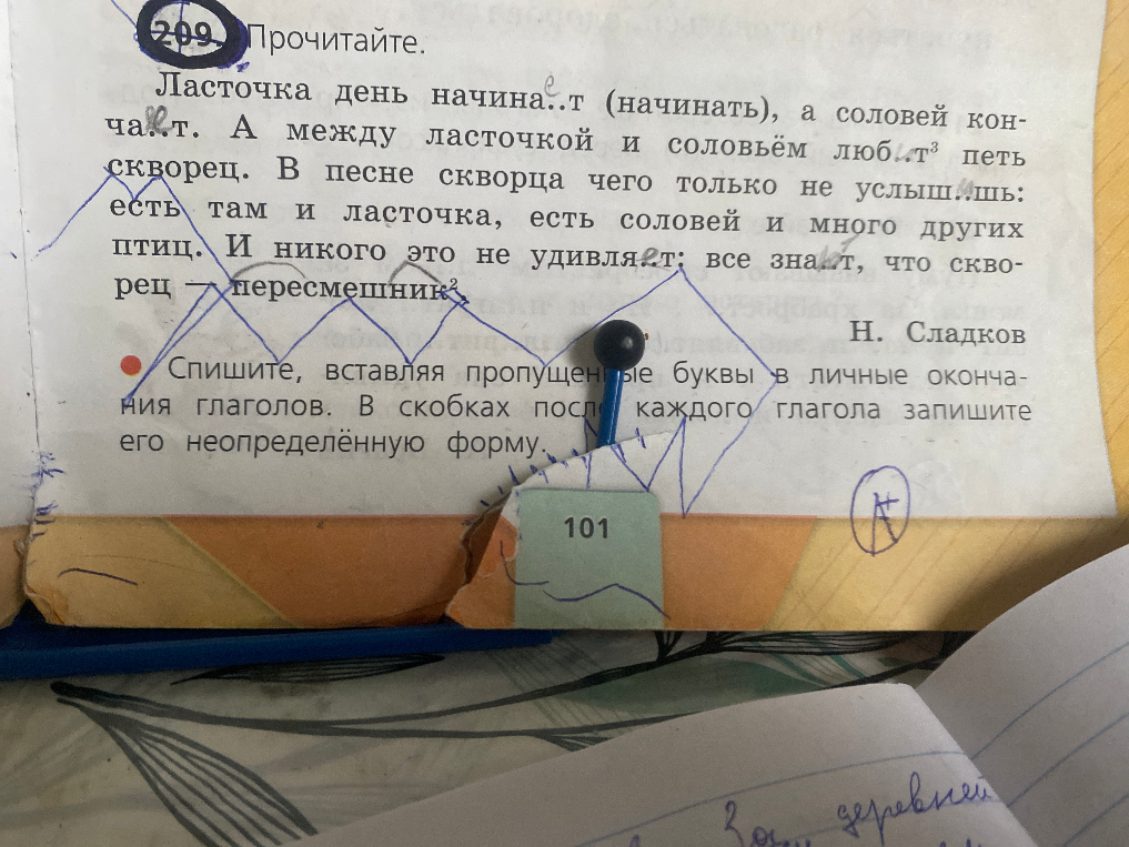 209. Прочитайте. Ласточка день начина..т (начинать), а соловей конча..т. А между ласточкой и соловьём люби..т³ петь скворец.