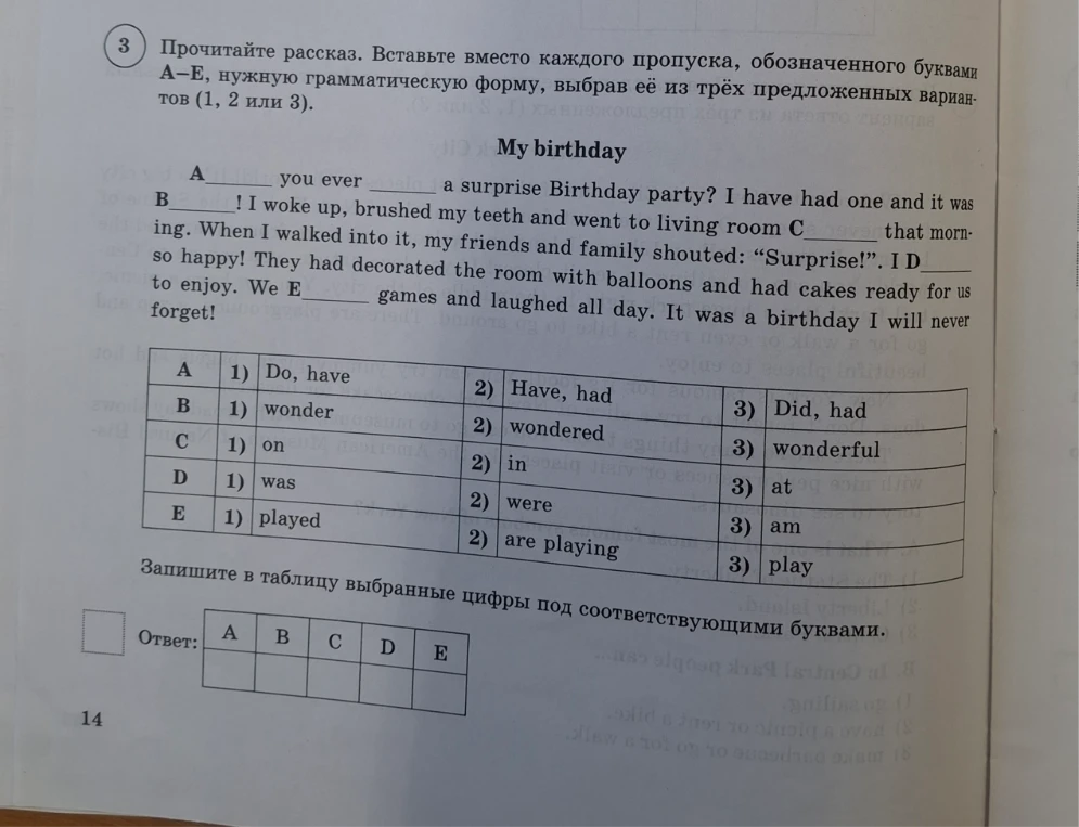 Прочитайте рассказ. Вставьте вместо каждого пропуска, обозначенного буквами А–Е, нужную грамматическую форму, выбрав её из трёх предложенных вариантов (1, 2 или 3).