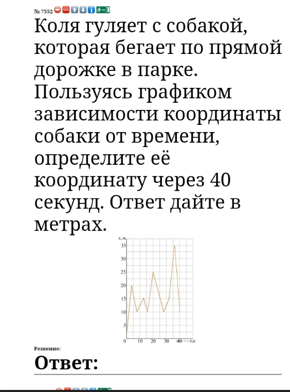 Коля гуляет с собакой, которая бегает по прямой дорожке в парке. Пользуясь графиком зависимости координаты собаки от времени, определите её координату через 40 секунд. Ответ дайте в метрах.