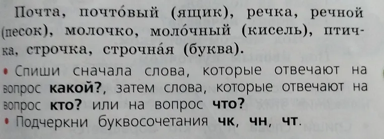 Спиши сначала слова, которые отвечают на вопрос какой?, затем слова, которые отвечают на вопрос кто? или на вопрос что?