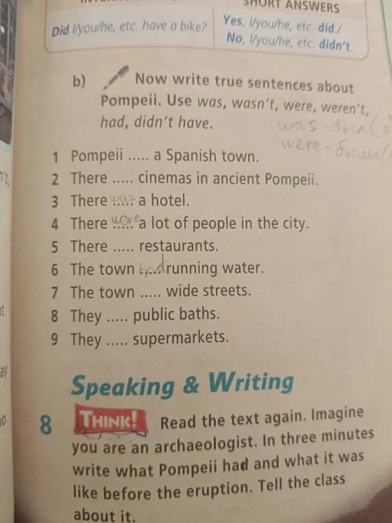 Now write true sentences about Pompeii. Use was, wasn't, were, weren't, had, didn't have.