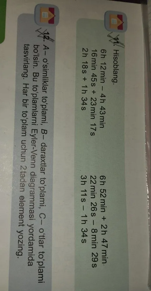 Hisoblang. 6h 12min - 4h 43min...