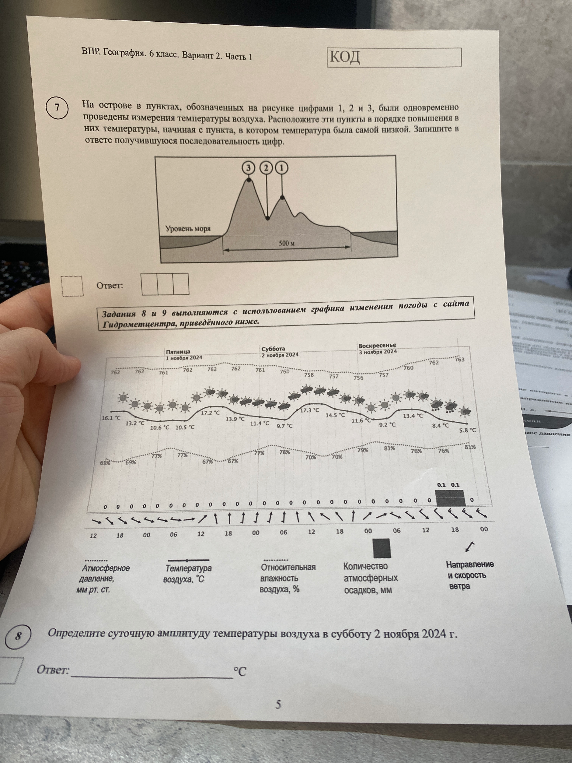 На острове в пунктах, обозначенных на рисунке цифрами 1, 2 и 3, были одновременно проведены измерения температуры воздуха. Расположите эти пункты в порядке повышения в них температуры, начиная с пункта, в котором температура была самой низкой. Запишите в ответе получившуюся последовательность цифр.