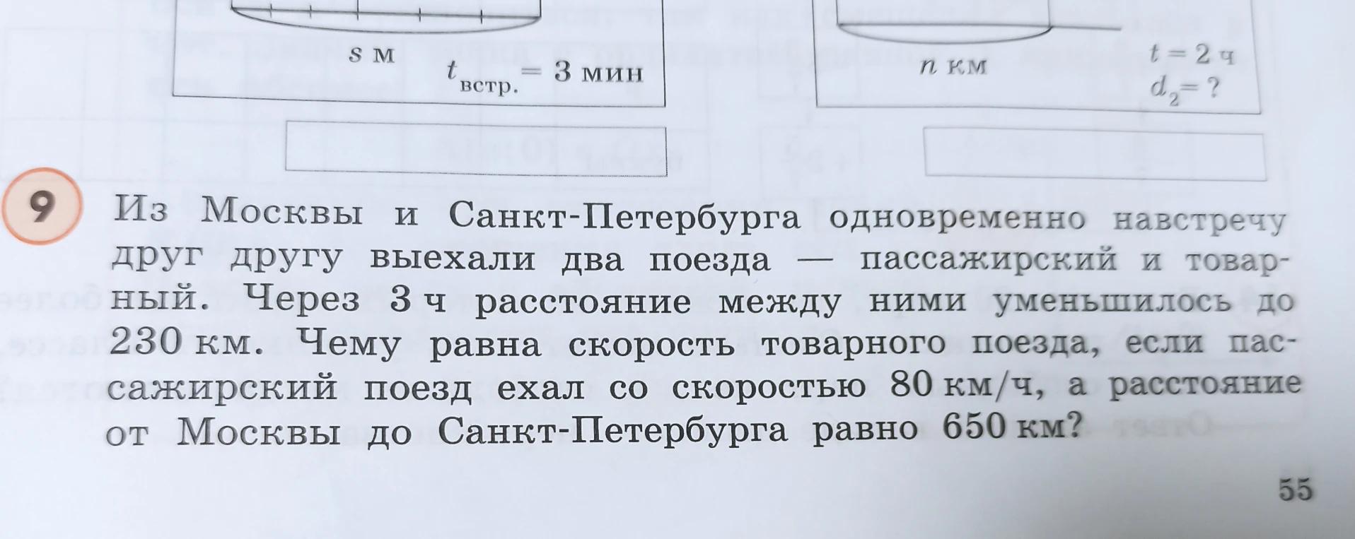 Из Москвы и Санкт-Петербурга одновременно навстречу друг другу выехали два поезда — пассажирский и товарный. Через 3 ч расстояние между ними уменьшилось до 230 км. Чему равна скорость товарного поезда, если пассажирский поезд ехал со скоростью 80 км/ч, а расстояние от Москвы до Санкт-Петербурга равно 650 км?