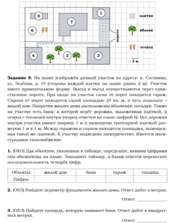 Задание 8. На плане изображён дачный участок по адресу: п. Сосновка, ул. Зёлёная, д. 19 (сторона каждой клетки на плане равна 2 м).