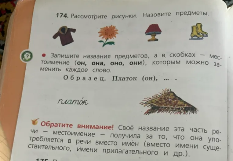 174. Рассмотрите рисунки. Назовите предметы. Запишите названия предметов, а в скобках — местоимение (он, она, оно, они), которым можно заменить каждое слово.