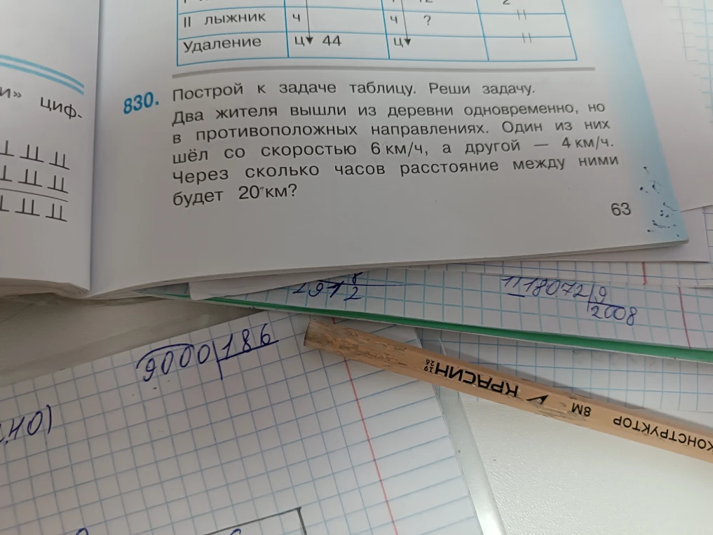830. Построй к задаче таблицу. Реши задачу. Два жителя вышли из деревни одновременно, но в противоположных направлениях. Один из них шёл со скоростью 6 км/ч, а другой — 4 км/ч. Через сколько часов расстояние между ними будет 20 км?