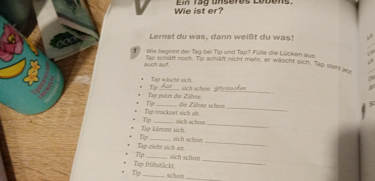 Wie beginnt der Tag bei Tip und Tap? Fülle die Lücken aus.