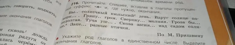 216. Прочитайте. Спишите, вставляя в глаголы пропущенный суффикс -л- и, где нужно, окончания.
