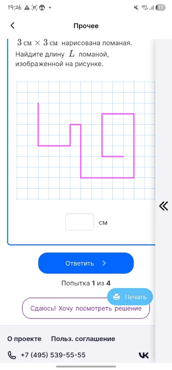 3 см x 3 см нарисована ломаная. Найдите длину L ломаной, изображенной на рисунке.