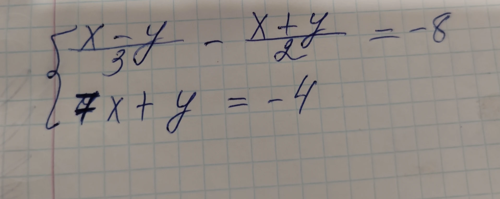 Допущение: во втором уравнении записано x + y = -4, так как зачеркнутая цифра 7 перед x не дает смысла уравнению.
