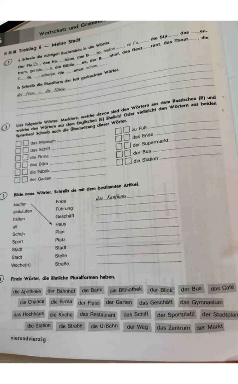 Schreib die richtigen Buchstaben in die Wörter.