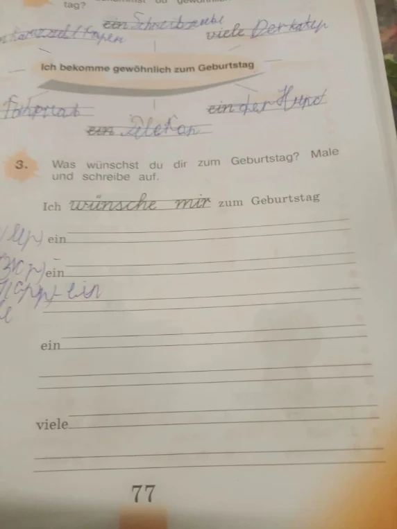 Was wünschst du dir zum Geburtstag? Male und schreibe auf.