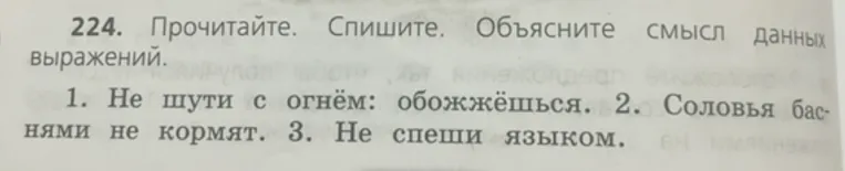 224. Прочитайте. Спишите. Объясните смысл данных выражений. 1. Не шути с огнём: обожжёшься. 2. Соловья баснями не кормят. 3. Не спеши языком.