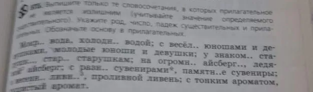 Выпишите только те словосочетания, в которых прилагательное НЕ ЯВЛЯЕТСЯ излишним (учитывайте значение определяемого существительного). Укажите род, число, падеж существительных и прилагательных. Обозначьте основу в прилагательных.