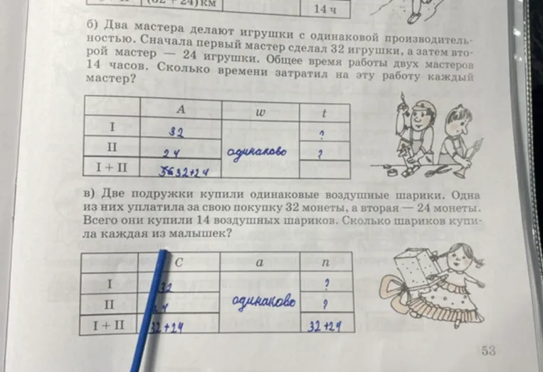 Два мастера делают игрушки с одинаковой производительностью. Сначала первый мастер сделал 32 игрушки, а затем второй — 24 игрушки. Общее время работы двух мастеров 14 часов. Сколько времени затратил на эту работу каждый мастер?