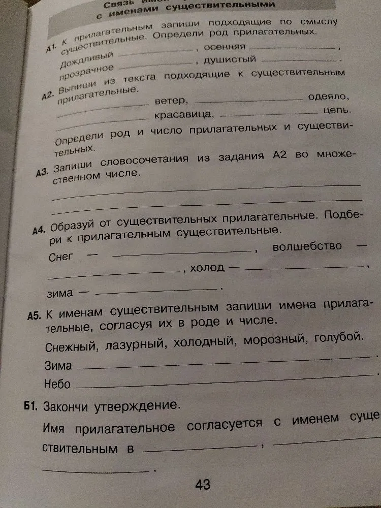 К прилагательным запиши подходящие по смыслу существительные. Определи род прилагательных. Дождливый ________, осенняя ________, прозрачное ________, душистый ________.
