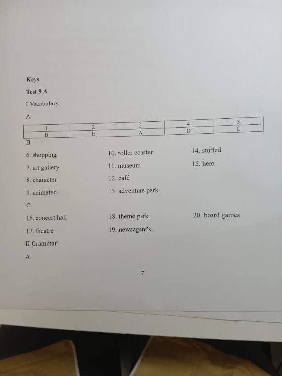 Keys Test 9 A I Vocabulary