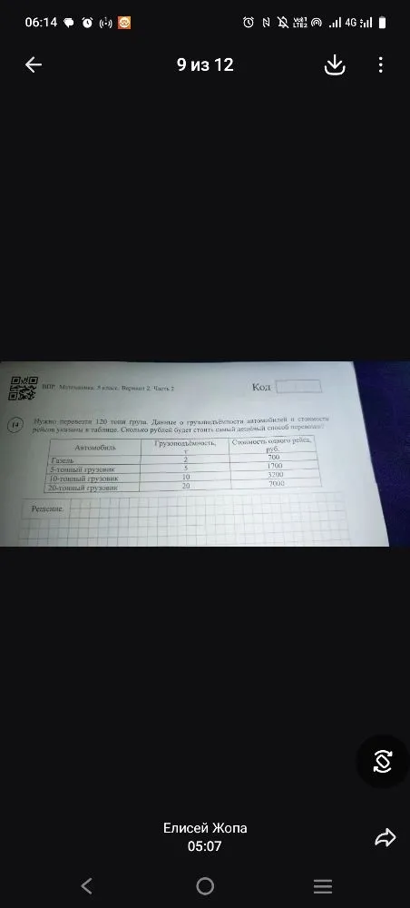 Нужно перевезти 120 тонн груза. Данные о грузоподъёмности автомобилей и стоимости рейсов указаны в таблице. Сколько рублей будет стоить самый дешёвый способ перевозки?