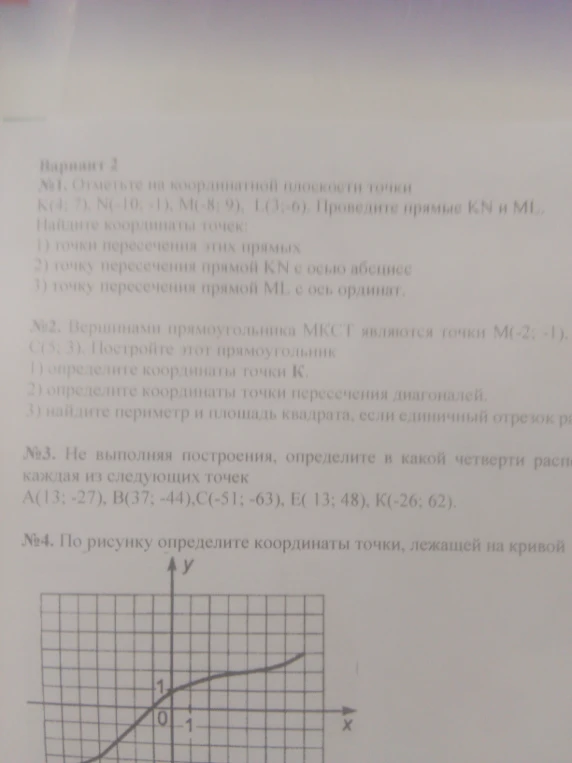 Вариант 2. №1. Отметьте на координатной плоскости точки K(4; 7), N(-10; -1), M(-8; 9), L(3; -6).